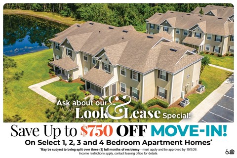 A promotional image for a lease special offering up to $750 off on select apartment homes.