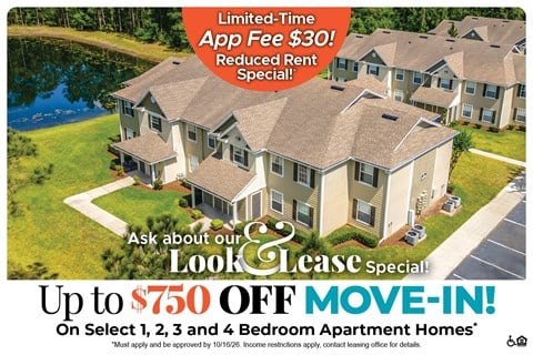Save Up to $750 Off Move-In Costs on Select 1, 2, 3 and 4 Bedroom Apartment Homes* Ask About our Look and Lease Special!
