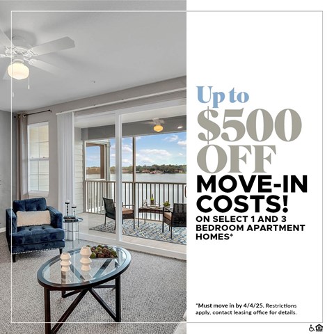 A living room with a blue chair and a glass table is advertised with a $500 off move-in cost.