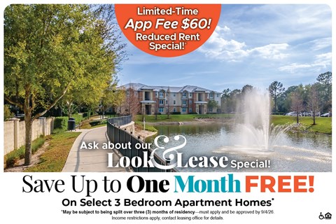 A promotional image for a lease special offering a free month and a reduced app fee.