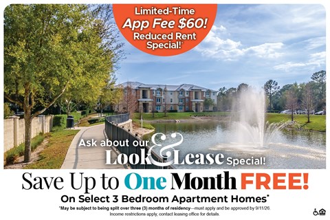 A promotional image for a lease special offering a free month and a reduced app fee.