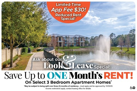 Save Up to One Month's Rent on Select 3 Bedroom Apartment Homes* Ask About our Look and Lease Special!