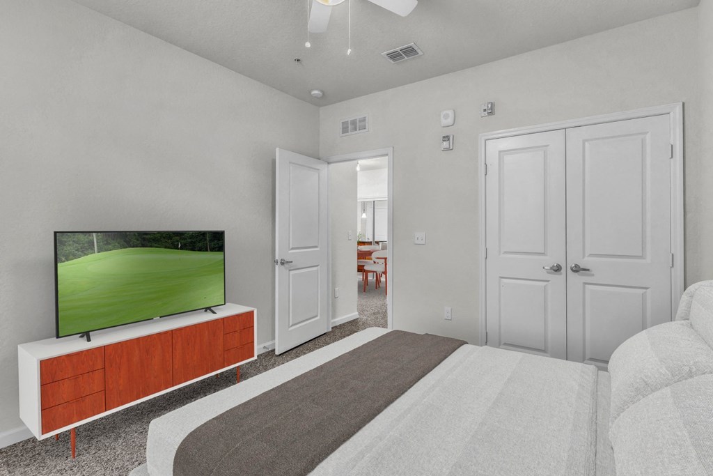 a bedroom with a bed and a tv