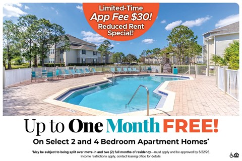 A promotional image for apartment homes offering a free month and a discounted app fee.