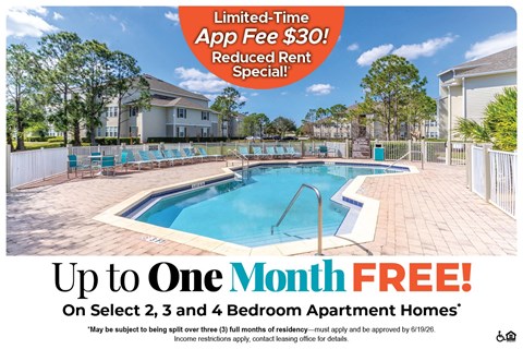 A pool and apartment complex advertisement offering a free month and a discounted app fee.