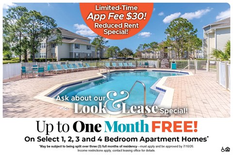 A promotional image for a leasing special offering up to one month free on select apartment homes.