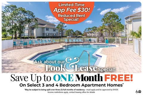 A promotional image for a lease special offering a free month on select apartment homes.