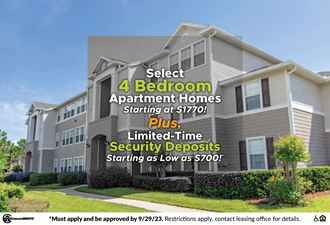 select 4 bedroom apartment homes plus limited time low security deposits