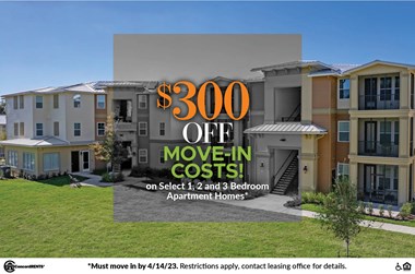 $300 off move in costs on select 1, 2 and 3 bedroom apartment homes