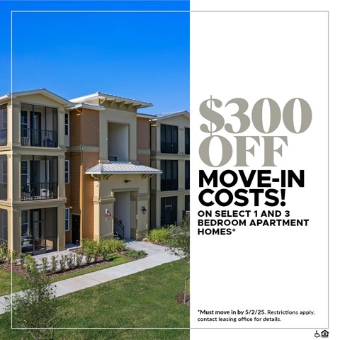 A promotional image for a $300 off move-in costs deal on select apartment homes.