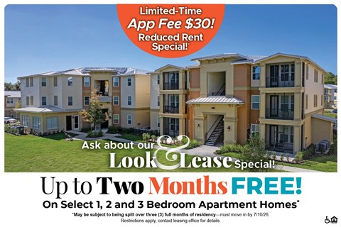 A promotional image for a lease special offering up to two months free on select apartment homes.