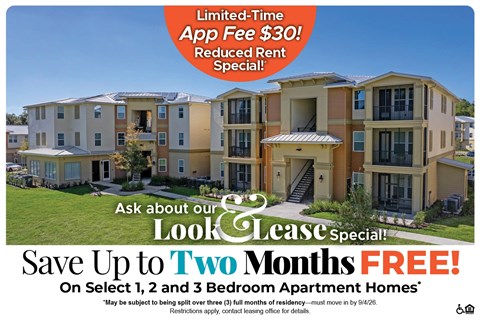 A promotional image for a limited-time app fee reduction and rent special on select apartment homes.