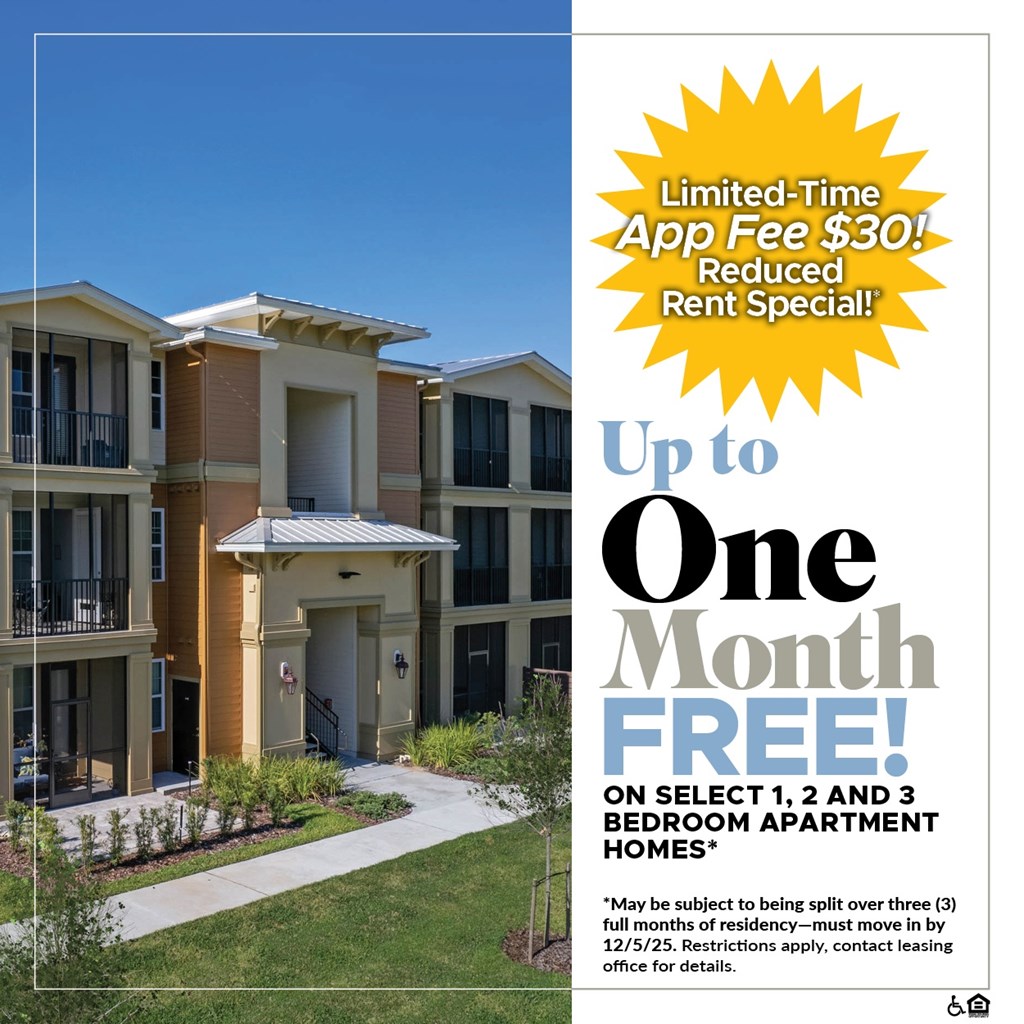 Up to One Month FREE on Select 1, 2 and 3 Bedroom Apartment Homes!* For a Limited Time, App Fee is only $30!*