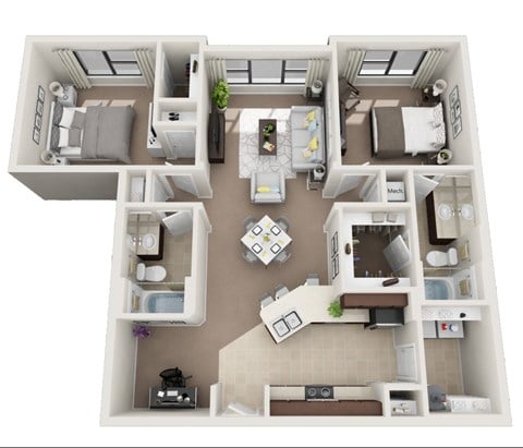 A 3D floor plan of a small apartment with a kitchen, living room, and two bedrooms.
