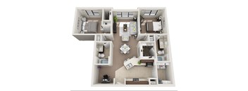 A 3D floor plan of a two bedroom apartment