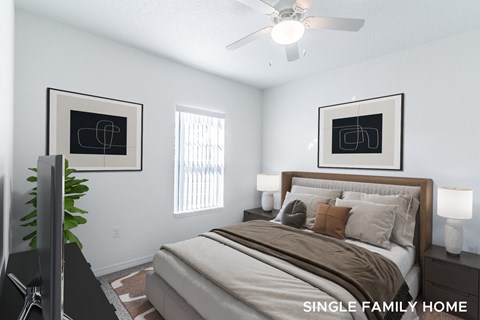 A bedroom with a bed, a television, and two framed pictures on the wall.