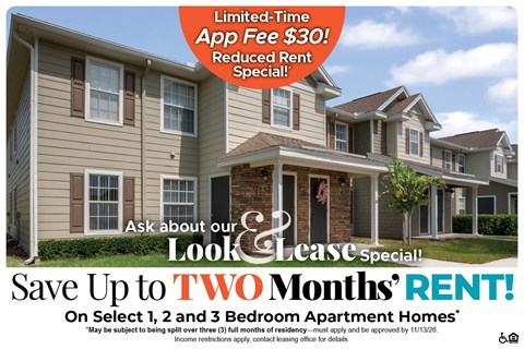 A housing advertisement offering a limited-time app fee reduction and a rent special.
