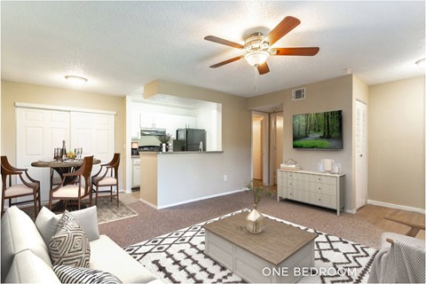 A living room with a dining table and a television.