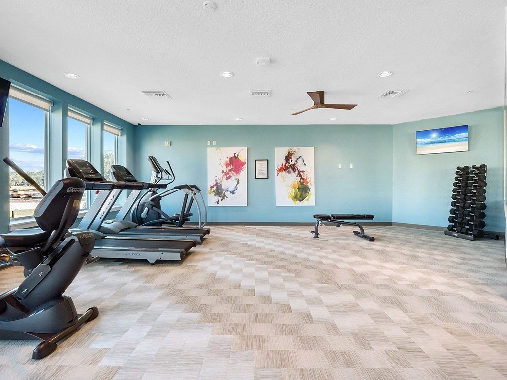 the gym has plenty of cardio equipment and views of the ocean