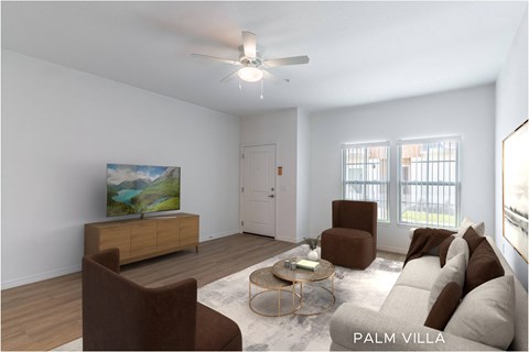 A living room with a brown chair, a white couch, and a painting on the wall.
