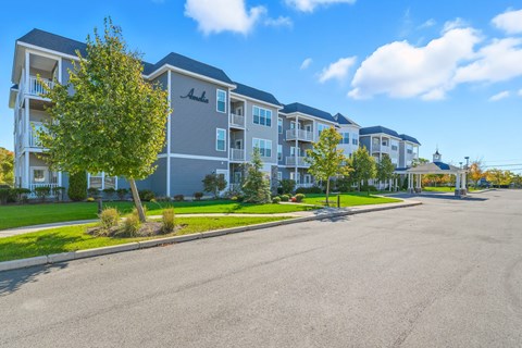 A row of apartment buildings with a tree in front of the first one.