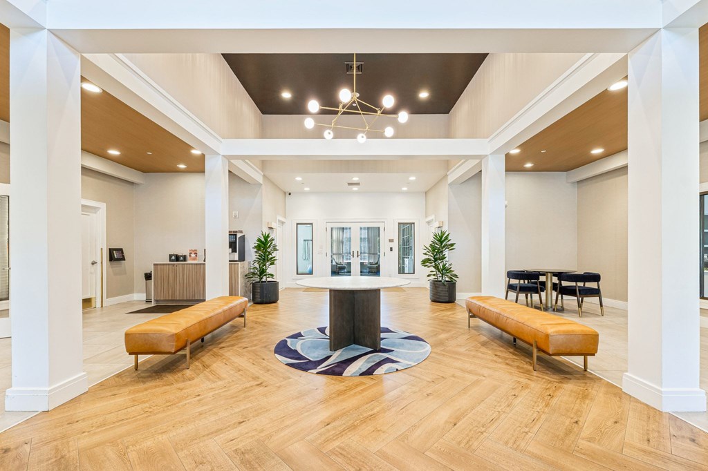 A spacious lobby with a bench, a rug, and a plant.