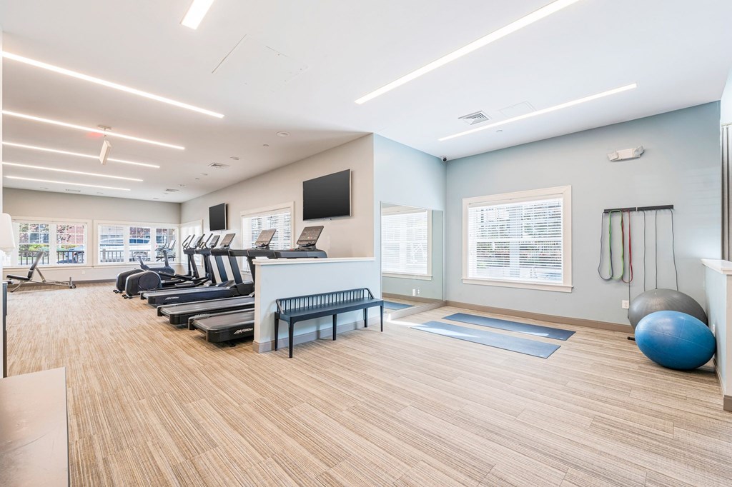 A gym with treadmills, exercise balls, and a bench.
