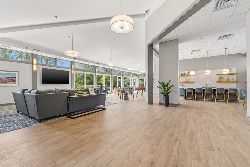 A modern living room with a grey sofa and wooden floors.