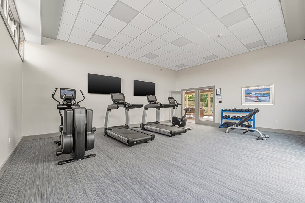 A gym with treadmills and elliptical machines.