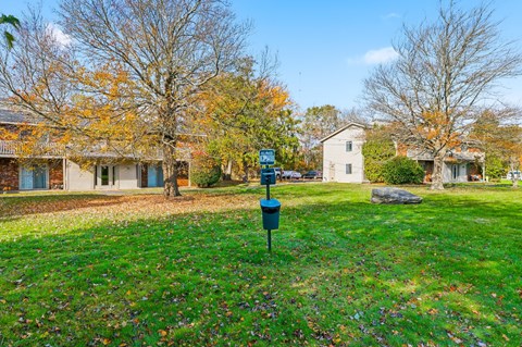 A grassy area with a mailbox in the foreground and houses in the background.
