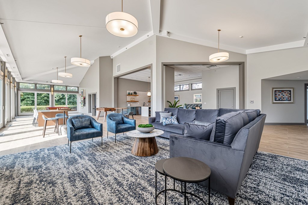 A modern living room with a grey sofa and blue chairs.