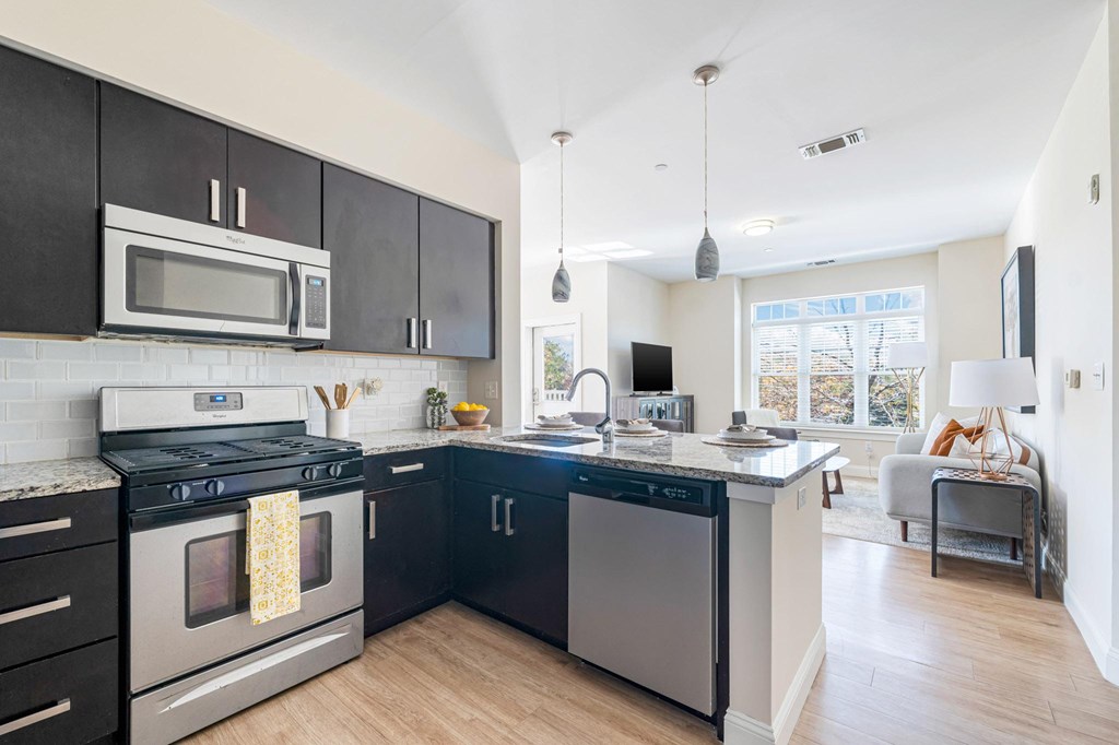 A modern kitchen with black cabinets and stainless steel appliances.