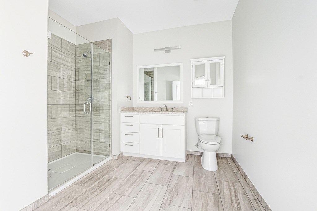 A white bathroom with a walk-in shower and a toilet.