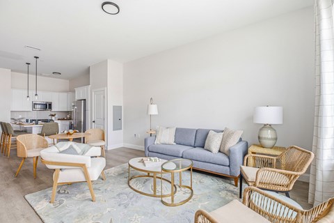 A living room with a grey couch and a coffee table.