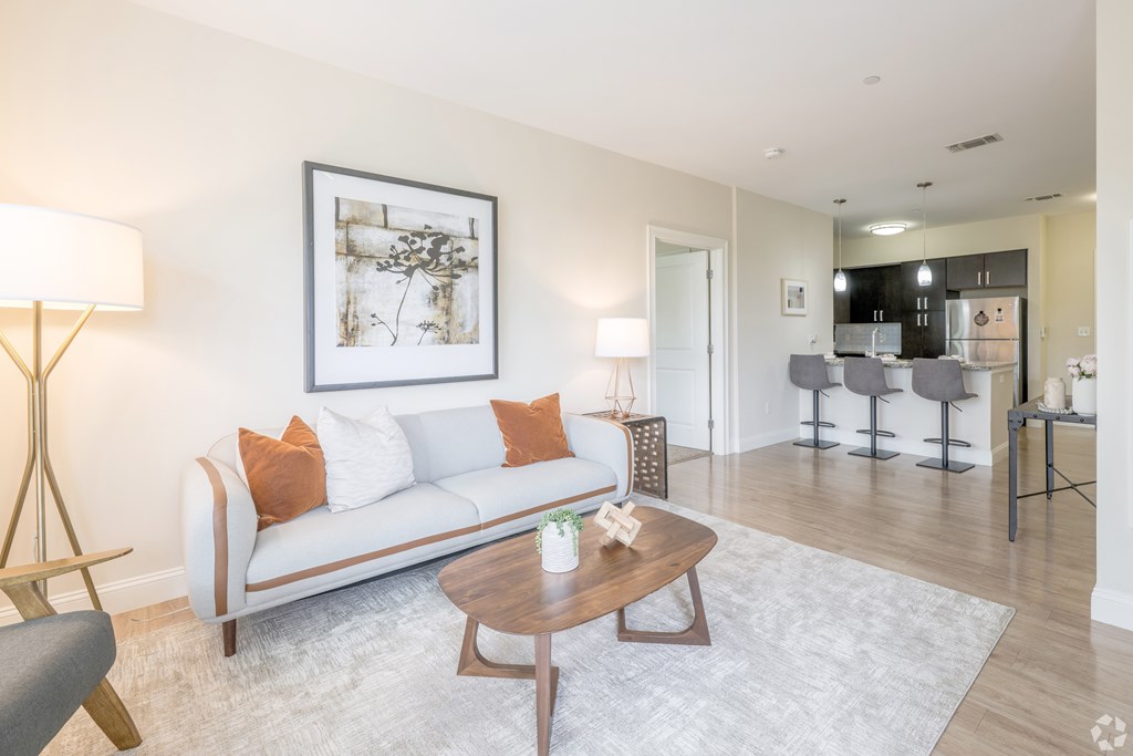 A living room with a white couch and a framed picture on the wall at Axis at Lakeshore Apartments, Bridgewater, MA, 02324
