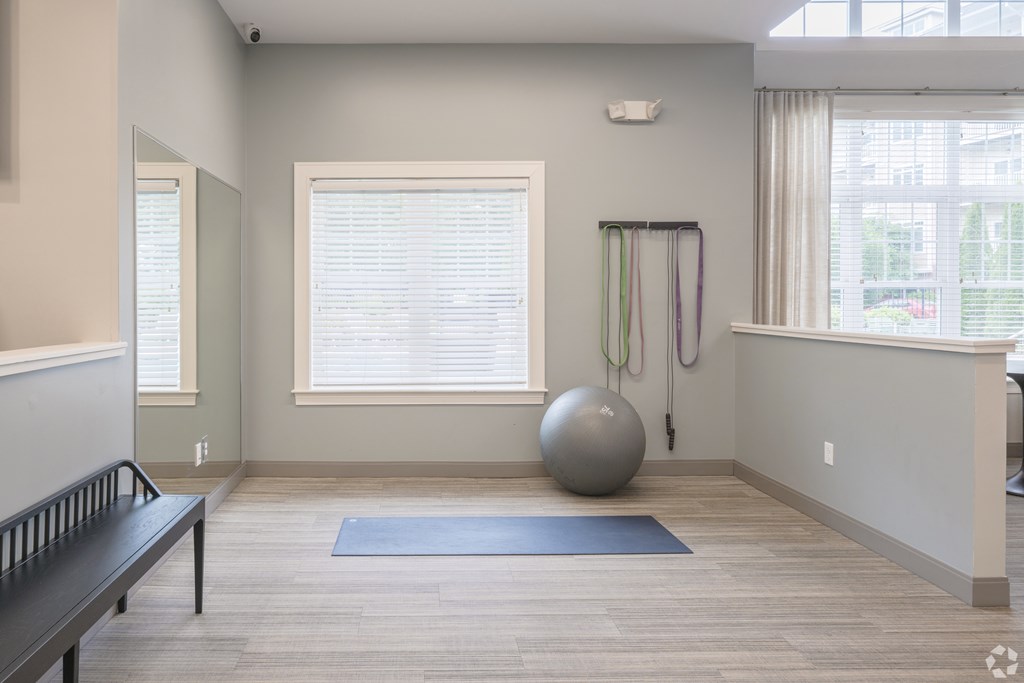 A room with a large exercise ball and a bench at Axis at Lakeshore Apartments, Bridgewater, MA