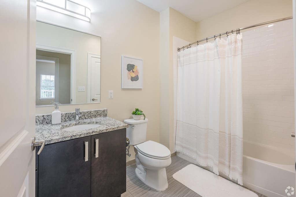 A bathroom with a toilet, sink, and shower at Axis at Lakeshore Apartments, Bridgewater, Massachusetts, 02324
