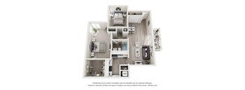 A 3D floor plan of a house with a kitchen, living room, and bedrooms.