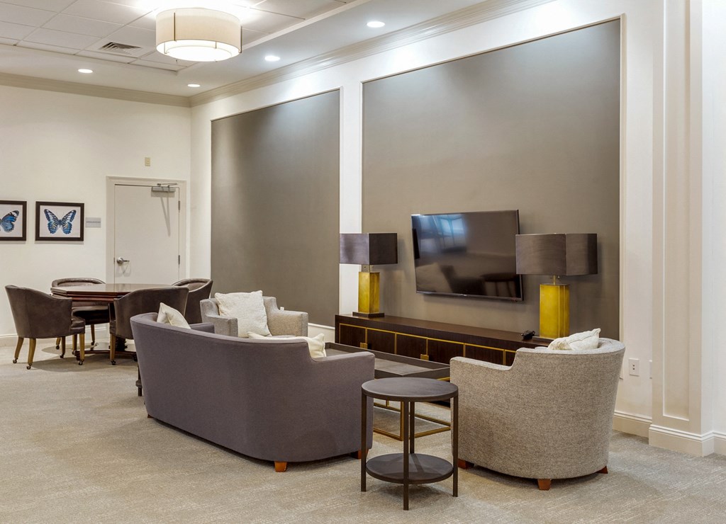 a living room with couches and chairs and a television