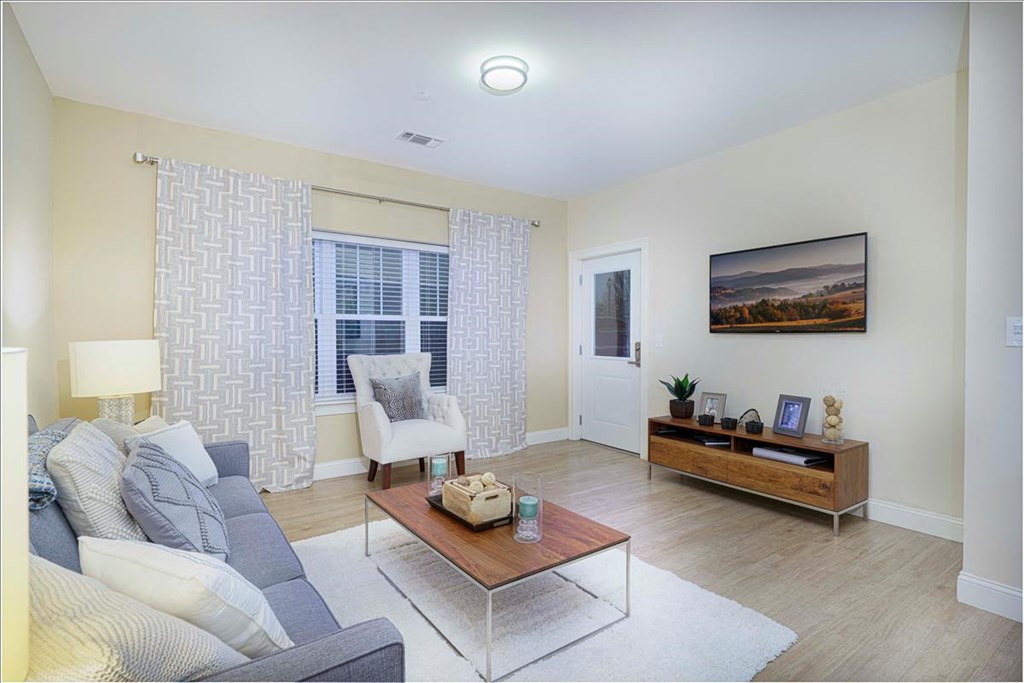 A living room with a grey sofa, a wooden coffee table, and a painting on the wall at Axis at Lakeshore Apartments, Bridgewater, Massachusetts