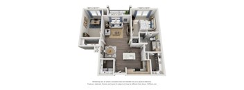 A 3D floor plan of a small apartment with a kitchen, living room, and bedroom.
