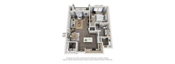A 3D floor plan of a small apartment with a kitchen, living room, and bedroom.