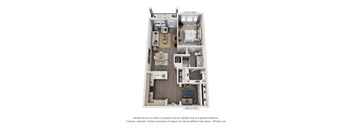 A 3D floor plan of a small apartment with a kitchen, living room, and bathroom.