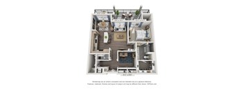 A 3D floor plan of a small apartment with a kitchen, living room, and bedroom.