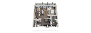 A 3D floor plan of a house with a kitchen, living room, and two bedrooms.
