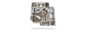 A 3D floor plan of a small apartment with a kitchen, living room, and bedroom.
