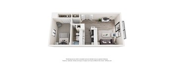 A 3D floor plan of a small apartment with a kitchen, living room, and bedrooms.