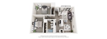 A 3D floor plan of a small apartment with a kitchen, living room, and bathroom.