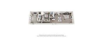A 3D floor plan of a small apartment with a kitchen, living room, and bathroom.