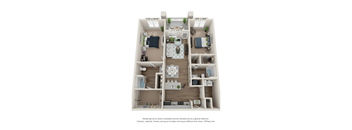 A 3D floor plan of a small apartment with a living room, kitchen, and bedroom.